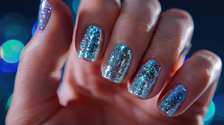 A stunning close-up of a hand showcasing beautifully manicured nails adorned with sparkling blue and silver glitter, perfect for beauty enthusiasts.の素材