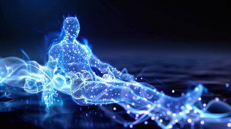 This captivating image features a glowing human silhouette surrounded by vibrant light particles, creating a serene and futuristic atmosphere, perfect for themes of energy and spirituality.の素材