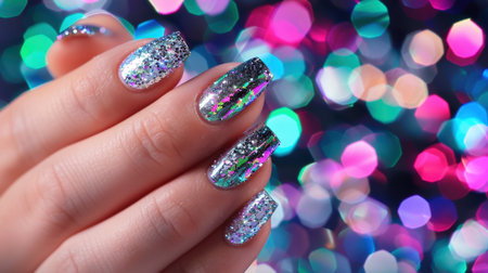 This stunning close-up showcases a well-manicured hand adorned with shimmering glitter nails against a colorful bokeh backdrop, perfect for beauty themes.の素材
