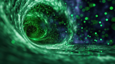 This abstract image showcases a mesmerizing green tunnel filled with glowing particles, creating a dynamic illusion of depth and movement. The vibrant colors and swirling effects evoke a captivating sense of fantasy and energy, making it perfect for creative projects.の素材