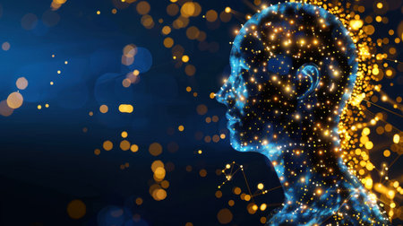 This stunning image features a human silhouette filled with glowing stars and bright dots against a dark backdrop, symbolizing creativity and technology.の素材