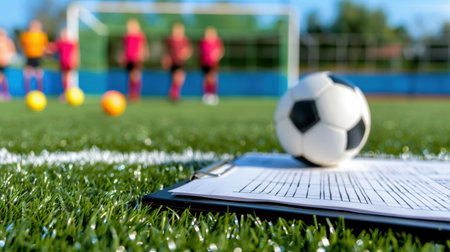 A close-up of a soccer ball resting on synthetic grass, alongside a clipboard, with coaches directing youth players in the background during a training session.の素材