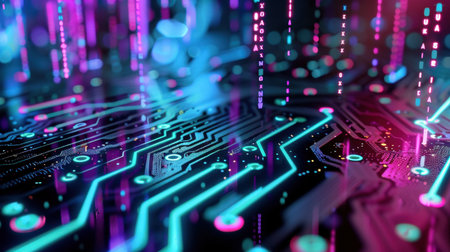 Explore a vibrant abstract background showcasing intricate circuit patterns illuminated by glowing neon lights. Perfect for technology and digital themes.の素材