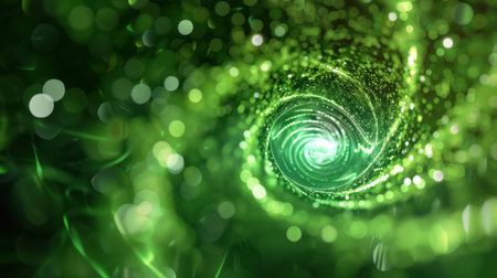 This mesmerizing abstract image features a vibrant green spiral full of sparkling lights, creating a dreamy and mystical atmosphere suitable for various creative projects.の素材