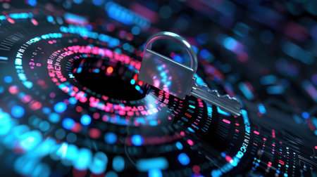 Engaging visuals of a lock and key positioned against a vibrant, abstract digital background. Symbolizes cybersecurity and data protection.の素材