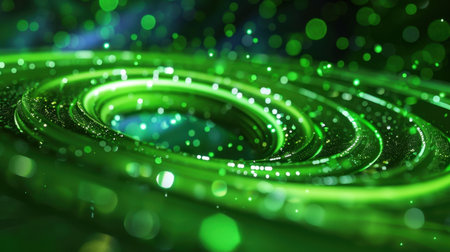 This image features a mesmerizing abstract swirl in vibrant green tones, accented by a captivating bokeh effect and subtle light flares, perfect for creative projects.の素材