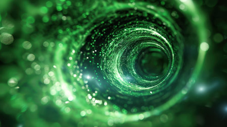 Experience the enchanting allure of an abstract green swirling tunnel adorned with sparkling light particles that evoke a sense of cosmic wonder.の素材