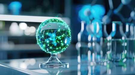 This image depicts a futuristic glass globe with green network connections, set in a high-tech laboratory. It represents advanced scientific research and innovation.の素材