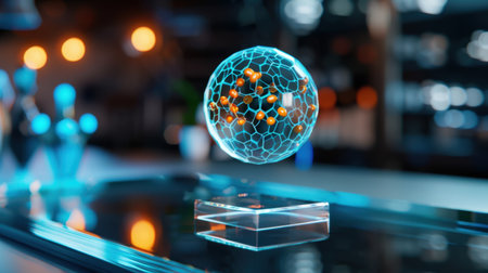 A captivating 3D visualization showcasing a molecular structure, elegantly floating within a modern laboratory, illuminated with vibrant colors and smart design elements.の素材