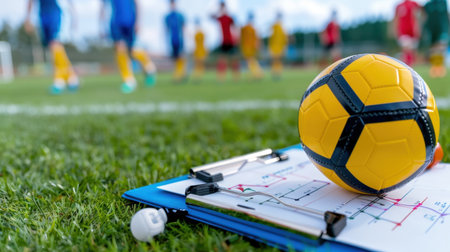 A vibrant yellow soccer ball rests on a clipboard displaying game strategies, with players practicing in the background on a lush green field.の素材