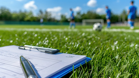 A close-up of a clipboard with a soccer match sheet and pen on vibrant green grass, while players practice in the background under a bright blue sky.の素材
