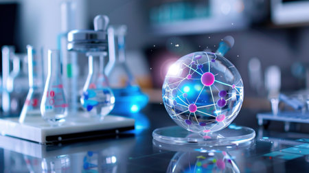 A modern scientific laboratory featuring a molecular model surrounded by various glassware. This image represents research and development in the field of chemistry, showcasing innovation and technology. Perfect for educational and professional use.の素材