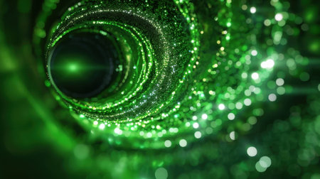 This stunning abstract image showcases a vibrant green spiral filled with glowing particles, creating a captivating tunnel effect that evokes a sense of depth and mystery.の素材
