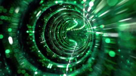 Experience a captivating visual of a green tunnel filled with glowing light particles, creating a sense of dynamic motion in a digital realm.の素材