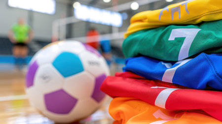 Vibrant soccer jerseys stacked next to a colorful ball on a polished gym floor, capturing the spirit of teamwork and competition in an athletic setting.の素材