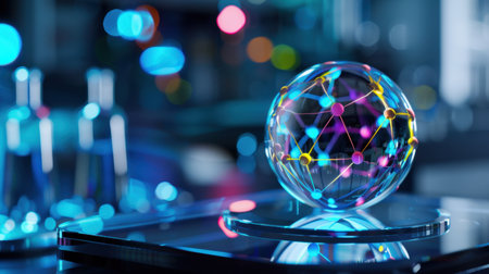 A stunning image showcasing a spherical representation of molecular connections set in a vibrant laboratory environment, illuminated by colorful lights and blurred background.の素材