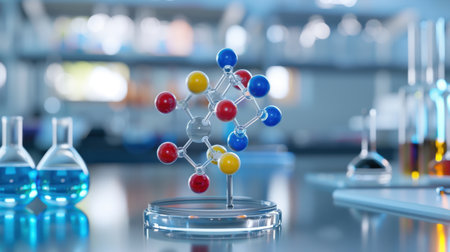 A detailed molecular model set against a laboratory backdrop, featuring colorful glassware and vibrant liquids, showcasing the beauty of scientific exploration and discovery.の素材