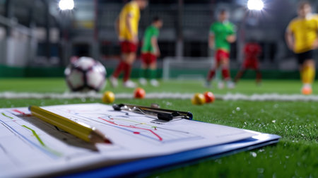 A close-up view of a clipboard with tactical notes on a soccer training field, highlighting the importance of strategy in player development.の素材