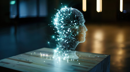 A futuristic digital head sculpture, illuminated with sparkling data particles, represents the intersection of technology and creativity in a modern abstract setting.の素材