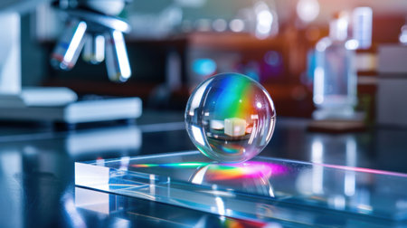 A stunning crystal sphere rests on a glass prism, casting vibrant spectrum colors in a contemporary laboratory setting, ideal for science and creativity themes.の素材