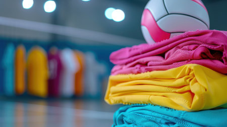 A vibrant arrangement of colorful sports clothing stacked neatly, accompanied by a volleyball, captures the essence of team spirit in indoor sports.の素材