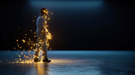 A stunning image of a model walking in a dark space, surrounded by enchanting glowing particles and sparkles that create an ethereal and dreamlike atmosphere.の素材