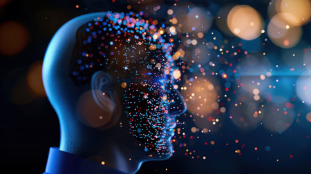 This captivating digital artwork features a profile view of a human silhouette made up of vibrant colorful particles, set against a beautifully blurred light backdrop.の素材