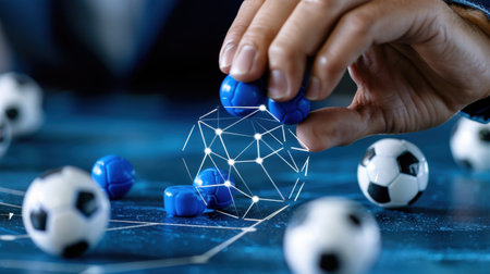 A creative depiction showcasing a hand interacting with soccer balls and a 3D network design, symbolizing the fusion of technology and sports analytics.の素材