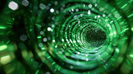 An abstract representation of a green tunnel filled with glowing light effects and sparkling particles, creating a vibrant digital atmosphere ideal for backgrounds.の素材