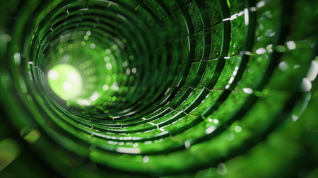 This image captures an abstract green tunnel with intricate patterns and soft light at the end, evoking a sense of depth and mystery in a modern aesthetic.の素材