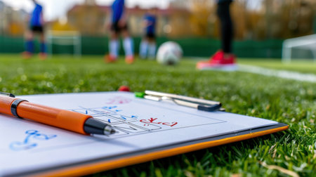Close-up view of a notebook and pen laying on a grassy sports field. Coaches prepare strategies for training while players participate in practice sessions.の素材