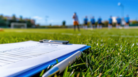 A close-up view of a clipboard and pen resting on lush green grass, with soccer players practicing in the background under a clear blue sky.の素材