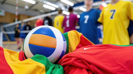 A vibrant volleyball rests atop colorful team jerseys in an indoor gym, showcasing preparation for a thrilling match with players ready in the background.の素材