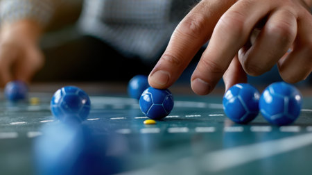 A focused hand strategically places a blue ball on a game board, showcasing the essence of gameplay and strategy. The image captures the excitement and engagement of tabletop gaming.の素材