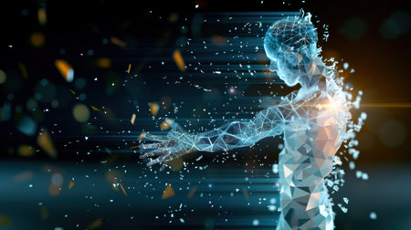 This striking image showcases a futuristic human figure composed of geometric shapes, symbolizing the convergence of technology and art. The dynamic composition highlights the beauty and energy of digital transformation, evoking a sense of movement and innovation.の素材