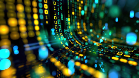 This abstract image showcases a vibrant tunnel of flowing binary code, illuminated in vivid blues and greens, representing digital technology and data streams.の素材