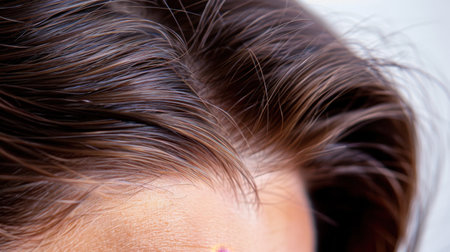This close-up image captures the smooth and shiny texture of brown hair, showcasing its healthy sheen and intricate strands against a soft background.の素材