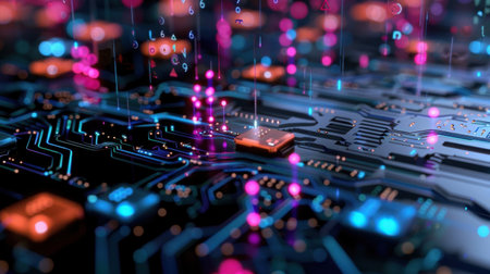Explore a stunning abstract depiction of a circuit board featuring vibrant data streams in blue and pink, symbolizing cutting-edge technology.の素材