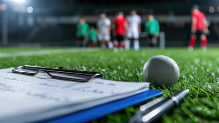 A coaching analysis scene featuring a clipboard and pen resting on the grass, with soccer players practicing their skills in the background under stadium lights.の素材