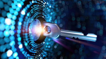 A visually striking representation of digital security, showcasing a key entering a lock surrounded by binary code, symbolizing encryption and data protection.の素材