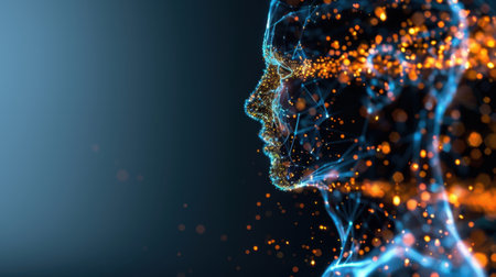 This captivating digital artwork features a glowing human silhouette composed of intricate connectors and vibrant particles, symbolizing innovation and technology.の素材