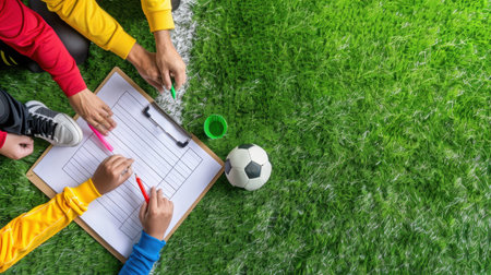Participants engage in tactical planning for a youth soccer game on a grass field, showcasing teamwork and collaboration through strategic discussions.の素材