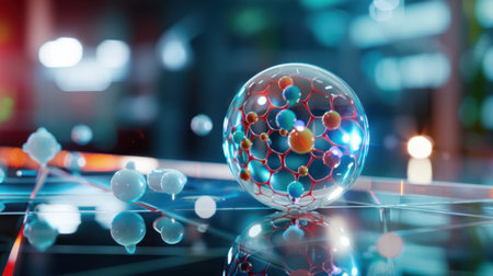 A captivating abstract image showcasing a transparent sphere filled with colorful atoms, symbolizing molecular structure on a futuristic surface, ideal for science and technology themes.の素材