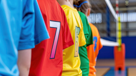 A vibrant lineup of players in colorful sports jerseys stands ready on a volleyball court, embodying teamwork and athletic spirit before the game.の素材