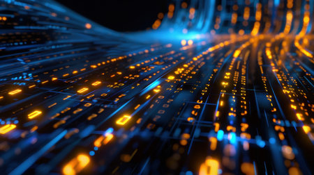 A vibrant digital stream flows through a futuristic environment, featuring glowing blue and orange elements representing data in motion and technology.の素材