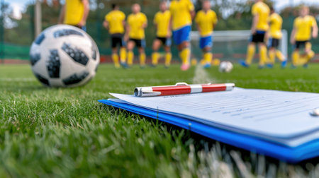 A focused view of a clipboard on the grass, capturing the essence of a soccer training session. Players in yellow prepare for the game, highlighting teamwork and strategy.の素材