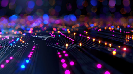 Explore a captivating digital circuit background filled with vibrant colors and dynamic bokeh lights, symbolizing energy flow and innovation in technology.の素材