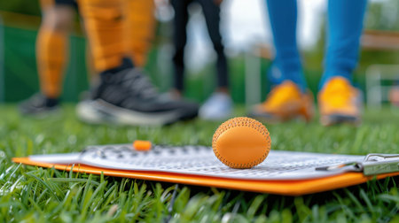 A vibrant close-up of an orange training ball resting on a tactics board, with athletes in the background on a lush green sports field, showcasing sports preparation.の素材