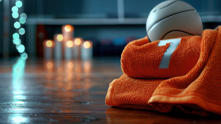 A vibrant orange towel with the number seven lays on a wooden floor beside a basketball in an inviting setting, highlighted by warm candlelight.の素材