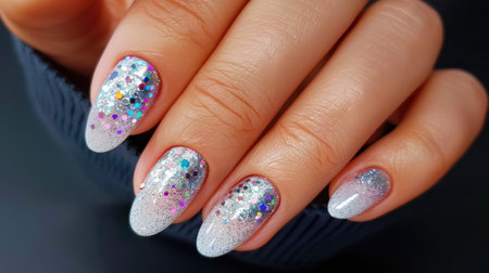 This captivating image showcases a beautiful manicure featuring a gradient design with sparkling glitter and colorful rhinestones, epitomizing nail art elegance.の素材